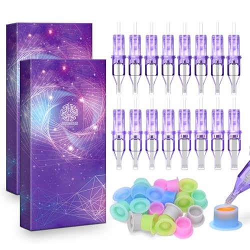 ATOMUS 40pcs Tattoo Cartridge Needles with 20pcs Silicone Ink Cups Size #10 RL RS RM Purple Round Liner Tattoo Needles for Tattoo Gun Pen Liner Pattern (7RM+9RM+11RM+15RM)