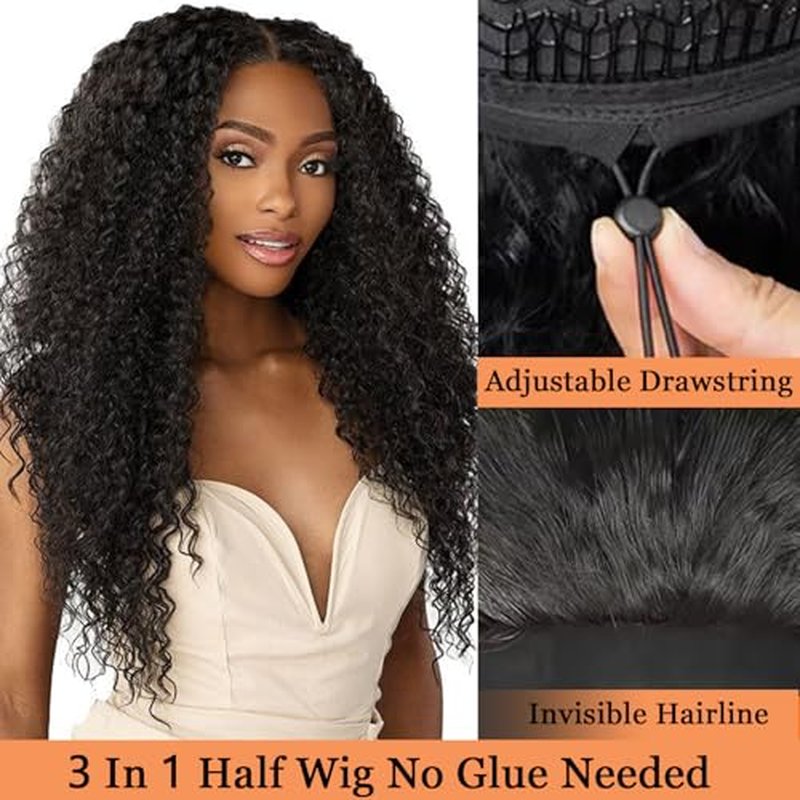 MISSJAY Curly Half Wig Human Hair Kinky Curly Wear and Go Glueless Wigs 200% Density 3 In 1 Seamless Flip Over Half Wigs Human Hair Beginner Friendly Drawstring Headband Wig for Women 20 Inch