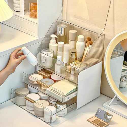 Large Makeup Organizer Countertop Vanity Organizer Case Skin Care Cosmetic Storage Box Bathroom Counter Perfume Skincare Organizers Make Up Caddy Gift Women Girls Clear Design Easy Visibility