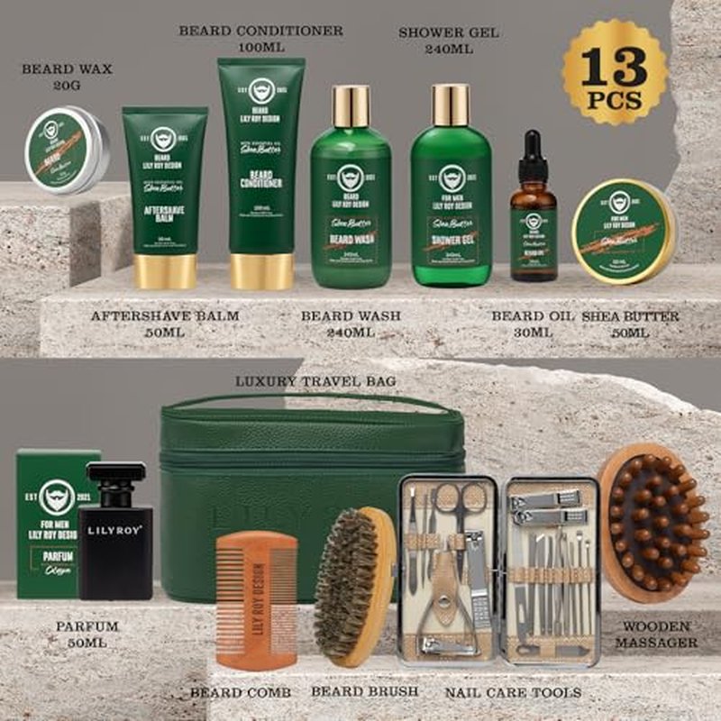 Father's Day Spa Gift for Men - Luxury 32Piece Shea Butter Bath & Beard Gift Set for Men Bath & Body Care Kit for Him with Beard Wax | Christmas, Valentine's Day, Birthday, Relaxation Gift Set for Dad