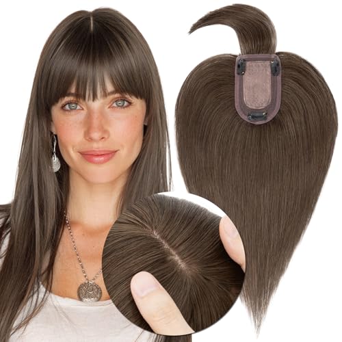 MY-LADY Human Hair Toppers for Women Real Human Hair with Bangs Thin 7 * 13CM Silk Base with Lace Clip in Remy Hairpieces 150% Density 14 Inch Chocolate Brown