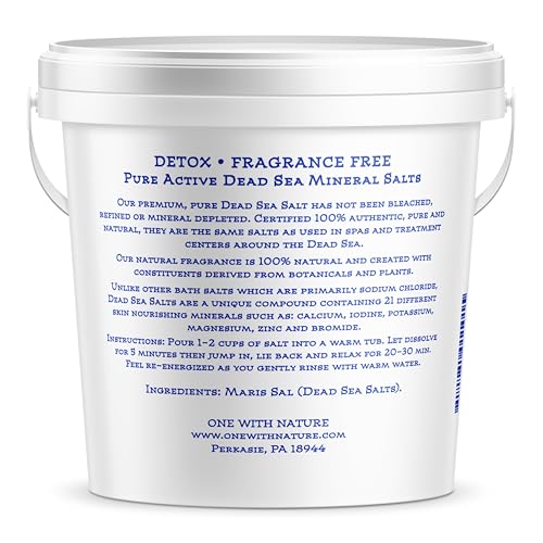 One With Nature 100% Pure Dead Sea Salt for Bath, 5lb Unscented. Dead Sea Salt is high in Essential Minerals, Such as Magnesium, Sulfur, Zinc, Potassium. Exfoliates, Nourishes Skin, Helps Restore pH