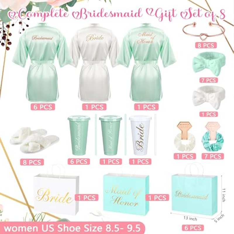 56 Pcs Bridesmaid Bride Robes Set of 8 Bridal Party Silk Satin Robes for Wedding Bachelorette Party Gifts(White,Sage Green)