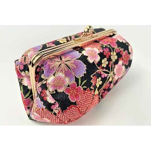 Kiss Lock Small Makeup Bag for Purse [ Made in Japan] Traditional Edo Komon Design Cute Cosmetic Pouch (Cherry blossom (Black))