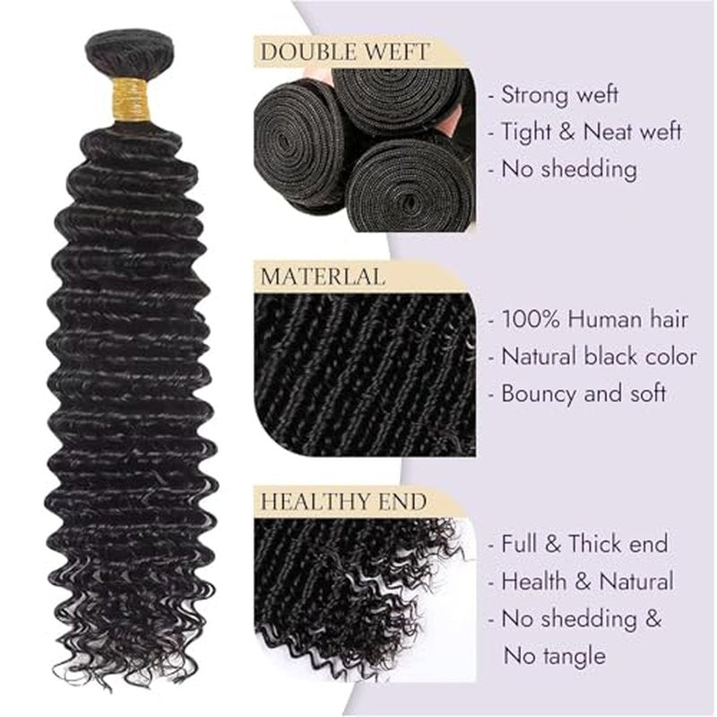 Deep Wave Bundles with Closure 16 18 20+14 Inch 4x4 HD Lace Closure, 13A Human Hair Bundles, Wet and Wavy 100% Brazilian Virgin Deep Curly 3 Bundles Human Hair Quick Weave Bundle for Women
