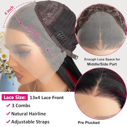Red Highlight Lace Front Synthetic Wig Black Hair with Red Skunk Stripe 13x4 HD Lace Front Wigs Pre Plucked Heat Resistant 24 Inch Long Body Wave Wig for Fashion Women