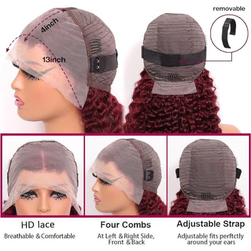 Hihmarm 99j Burgundy Deep Wave Lace Front Wigs Human Hair 13x4 HD Lace Frontal Wigs For Black Women Burgundy Lace Front Wigs Human Hair Pre Plucked 180% Density Red Curly Glueless Wig 16 Inch