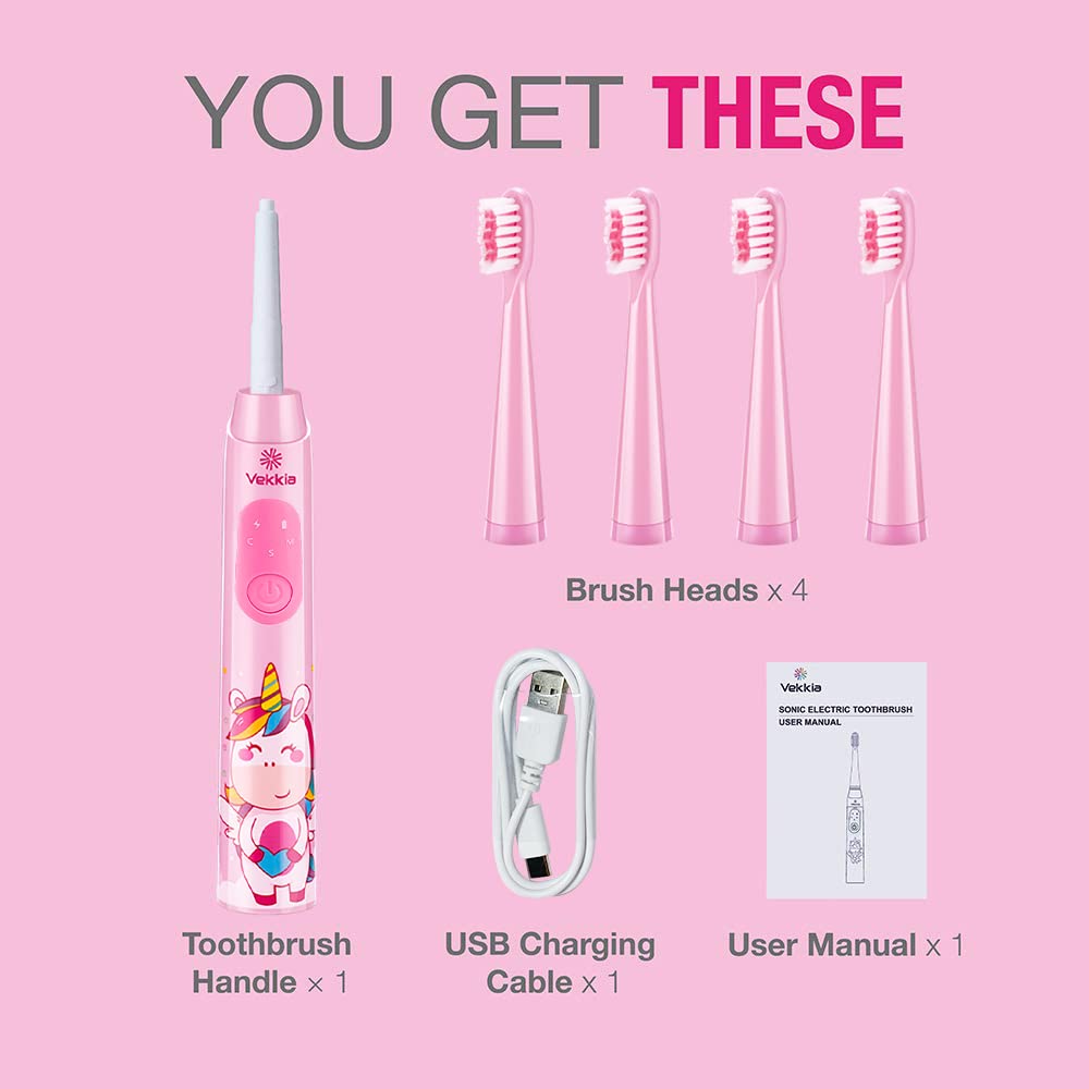 Vekkia Sonic Rechargeable Kids Electric Toothbrush, 3 Modes with Memory, Fun & Easy Cleaning, 24000 Strokes, IPX7 Waterproof, 2-Min Timer for Age 5+, 4 Soft Bristles(Pink)