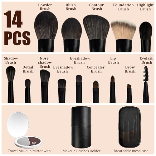 Jilier 14 pcs Mini Makeup Brushes and Pocket Mirror, Travel Makeup Brush Set, LED Compact Mirror with Light, Travel Size with Case, Portable for Handbag, Travel Essentials for Women