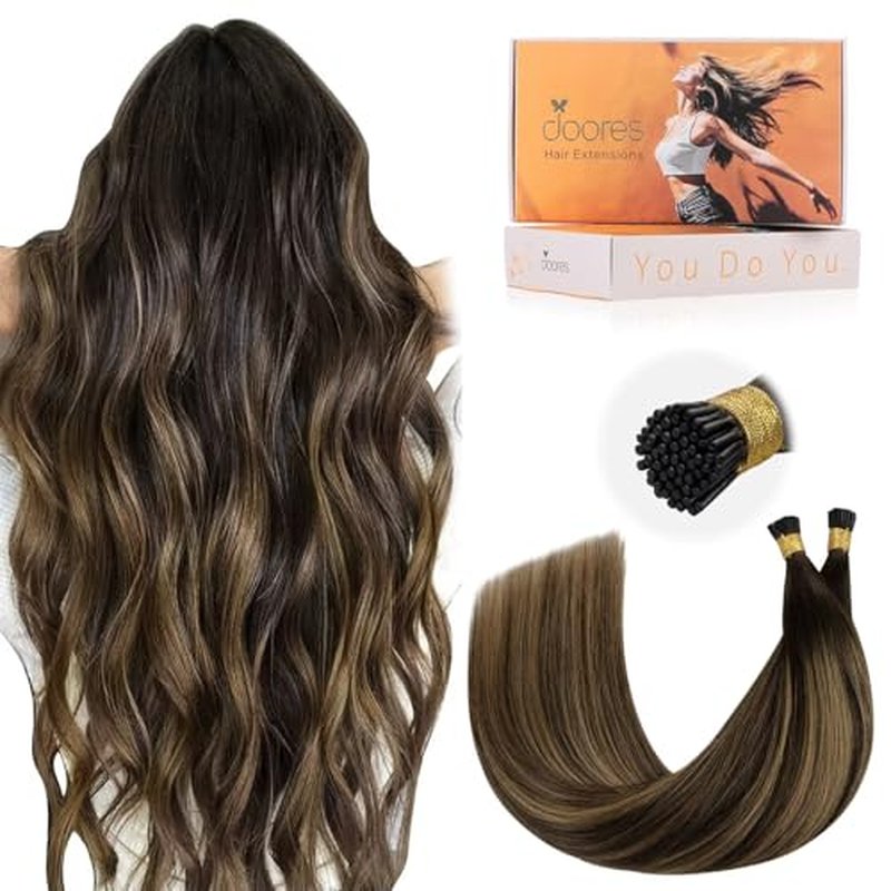 DOORES I Tip Human Hair Extensions, 100g, 22 Inch Balayage Dark Brown to Chestnut Brown, Cold Fusion Remy Hair Extensions