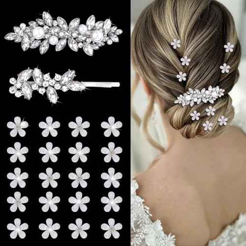 YISSION 22 Pcs Rhinestone Hair Clips Crystal Hair Barrettes with Pearl Silver Hair Clips Decorative Flower Hair Pins Wedding Bridal Rhinestone Hair Accessories for Women Girls (Combination 2)