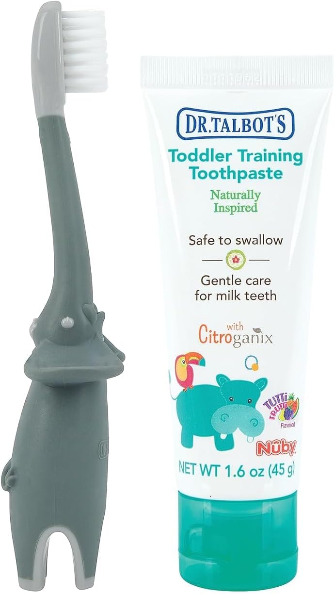 Dr. Talbot's Toddler Training Toothbrush & Natural Kids Toothpaste | Fluoride-Free, 1.6 oz, Elephant Design - 6+ Months