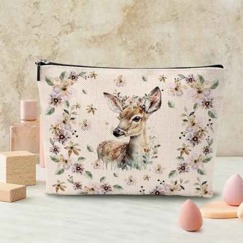Retro Western Deer Makeup Bag Cosmetic Bag Wildflower Deer Gifts for Women Deer Lovers Western Accessories for Women Girls Mom Best Friend Sister Cow Lovers Christmas Birthday Friendship Gifts