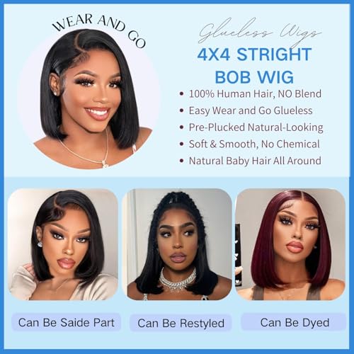 Wear and Go Glueless Bob Wig Human Hair Pre Plucked Pre Cut 4x4 Lace Closure Bob Wigs For Black Women Human Hair Glueless Straight Bob Lace Front Wigs For Beginner Short Wig Human Hair (10 Inch)