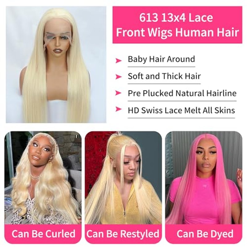 LICHANG 24Inch 613 Lace Front Wig Human Hair 13X4 Blonde Straight HD Transparent Lace Frontal Wigs Human Hair Pre Plucked 200% Density Blonde Glueless Wigs Human Hair