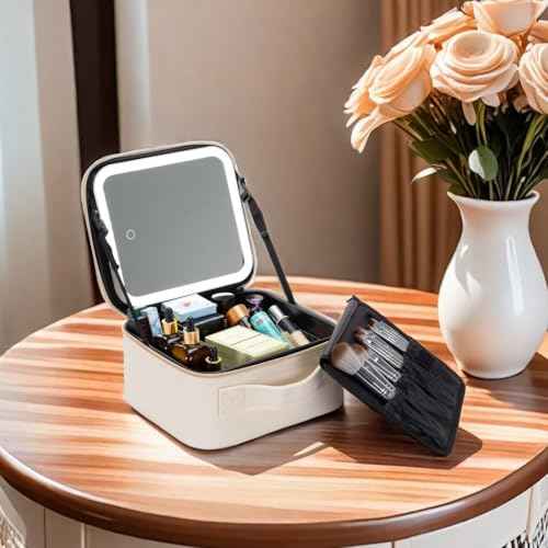 Travel Makeup Bag with LED Mirror ? Waterproof Cosmetic Train Case with Adjustable Dividers, Portable Makeup Organizer and Toiletry Bag for Women, Pink Teens & Girls Gift