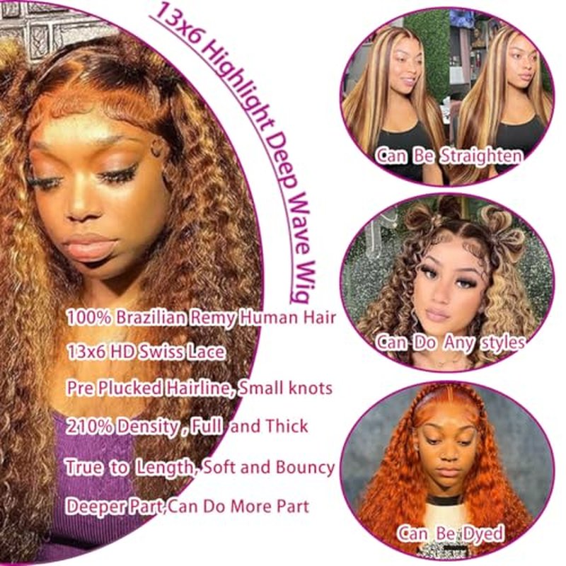 Highlight 13x6 Deep Wave Lace Front Wigs Human Hair 4/27 Ombre Curly HD Transparent Lace Frontal Wig Pre Plucked Glueless Wig human hair 210% Density Wet and Wavy Curly Wigs 18 Inch