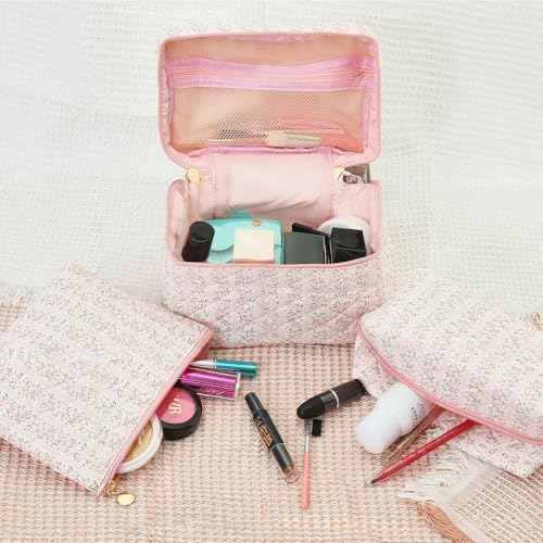3Pcs Quilted Floral Makeup Bag Cosmetic Bag for Women Teen Girls,Cute Pink Make Up Bags,Aesthetic Large Cotton Cosmetic Pouch,Flower Coquette Travel Toiletry Organizer Storage Bag