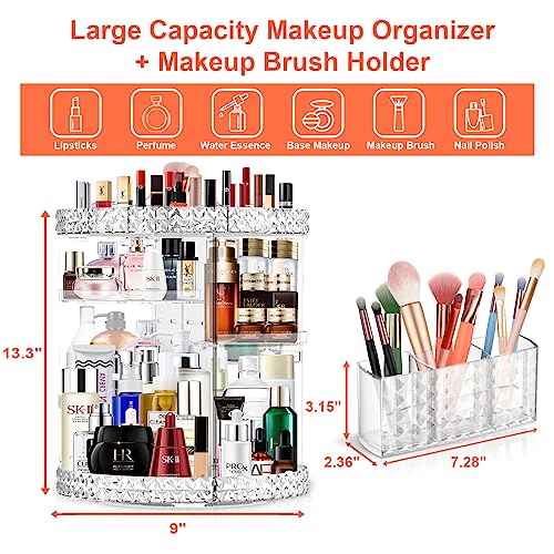 360 Rotating Makeup Organizer for Vanity + Makeup Brush Holder,Perfume Organizer with 6 DIY Adjustable Layer,Large Capacity Skincare Organizers,Lazy Susan Make up Organizer for Bedroom Dresser,Clear
