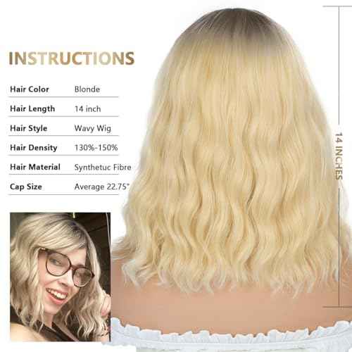 Ombre Blonde Wigs for Women Short Wavy Blonde Wig with Bangs Dark Roots Blonde Wig Medium Length Natural Synthetic Hair for Daily Party&Cosplay