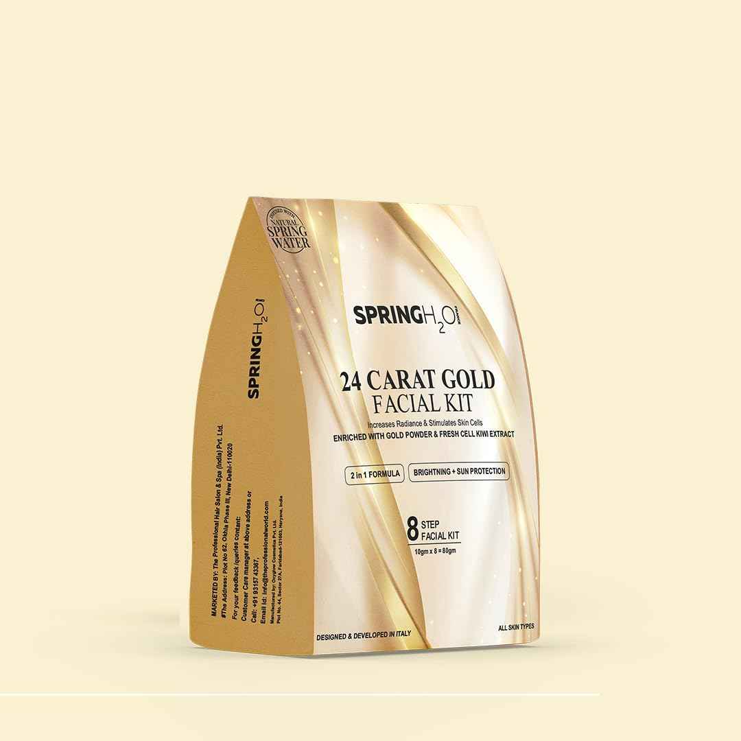 SPRING H2O 24 Carat Gold Facial Kit 80gm| 2 in 1 Formula Brightning+Sun Protection| Enriched with Fresh Cell KIWI Extract and Gold Powder|Simple 8 Step