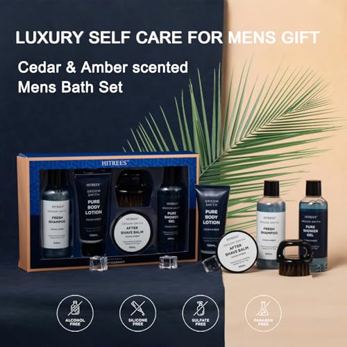 Fathers Day Gifts for Men Dad Care Package Self Care Kit, 5 Pcs Cedarwood & Amber Fragrance Spa Gifts for Man, Fathers Day Gifts, Travel Kit For Men,Mens Travel,Christmas Gift for Women