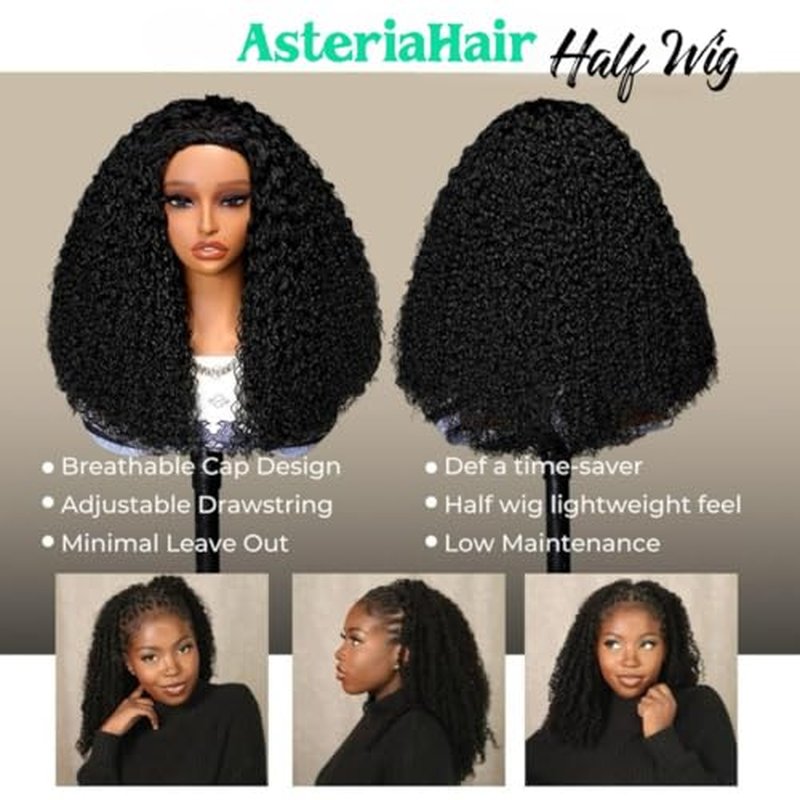Asteria Half Wig Human Hair Water Wave With Drawstring 3 In 1 Glueless Half Wigs Water Wave Curly Half Wig Human Hair Wig Seamless Flip Over Beginner Friendly No Lace Wigs 16 Inch