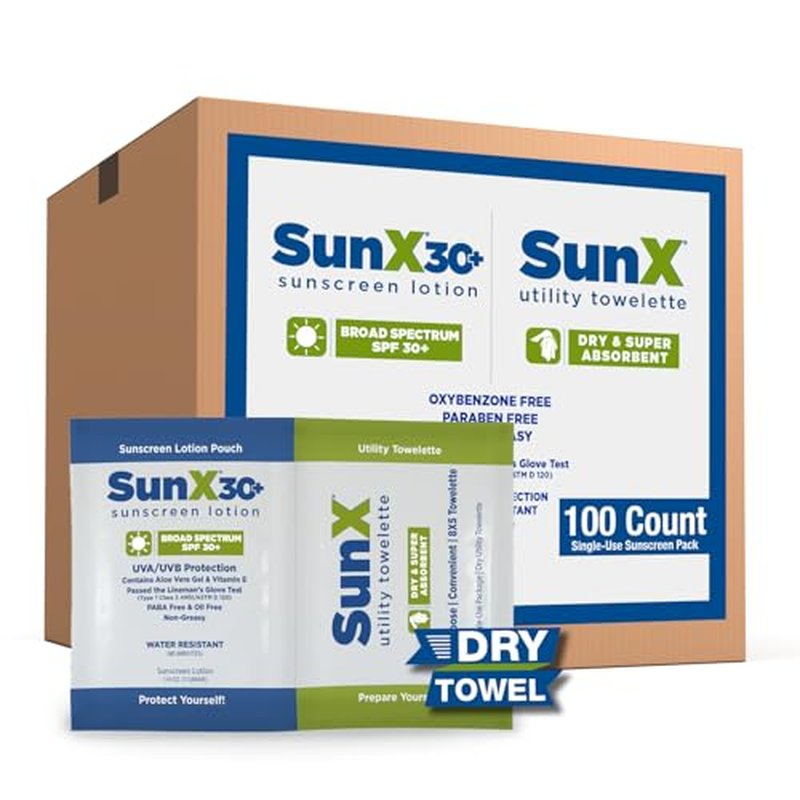 CoreTex Sun X 30+ Broad Spectrum Sunscreen Packets & Dry Towels Duo Kit - Pack of 100 Paraben, Oxybenzone, Octinoxate, & Oil Free Sunscreen - No White Cast and Water Resistant Up to 80 Minutes
