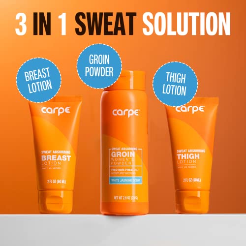 Carpe Women's Sweat Bundle Deal (1x Breast Sweat Absorbing Lotion, 1x Thigh Chafe Lotion, 1x Groin Powder) Women's Deodorant - Helps Absorb Excessive Sweat w/Odor Protection for Sensitive Lady Parts