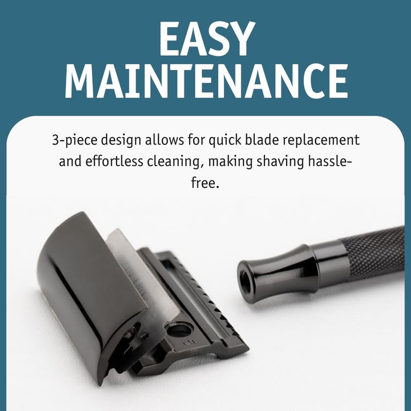 MERKUR 23B Double Edge Safety Razor - Black Long Knurled Brass Handle Made in Germany Plastic-Free Three Piece Design Closed Comb Straight Bar