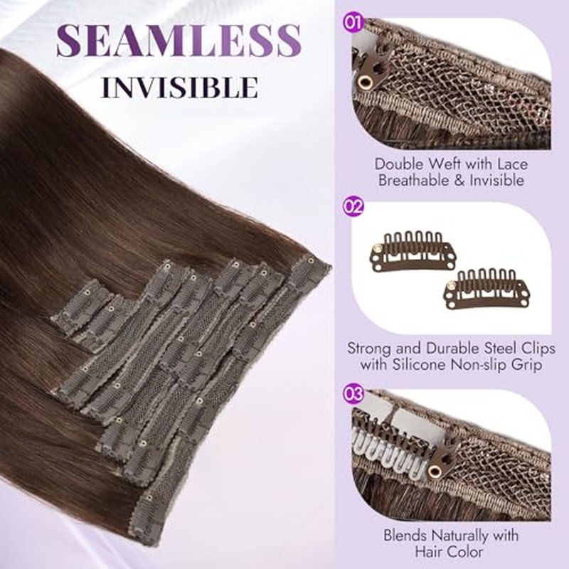 Clip in Extensions Real Human Hair Dark Brown Remy Lace Weft 18 Inch 7PCS 120g for Women