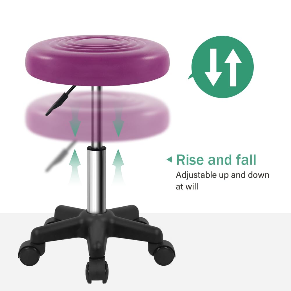 FURWOO Round Swivel PU Leahter Rolling Stool with Wheels Height Adjustable Chair for Spa Salon Massage Purple