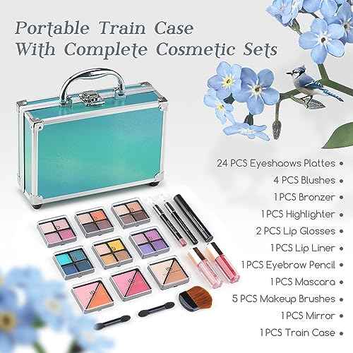 Color Nymph Beginner Makeup Kits For Teens With Train Case Included Full Makeup Kit Eyeshadow Palette Blushes Bronzer Highlighter Lipstick Brushes Mirror (Green)