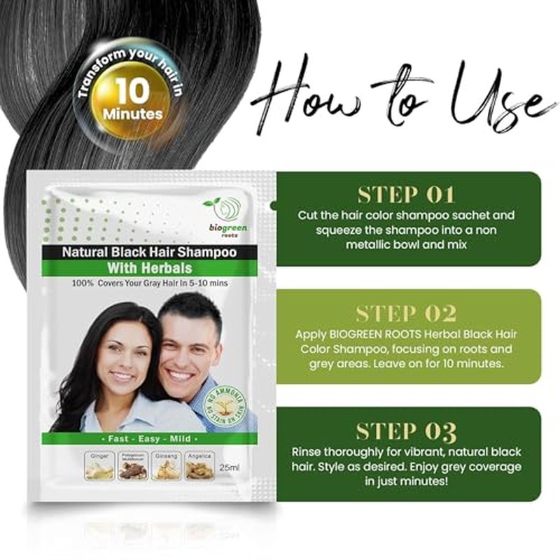Ammonia-Free & Paraben Free Herbal Hair Shampoo - Hair Dye Shampoo for Women & Men - Natural Color & Herbal Nourishment - No Stain on Skin - Natural Black (100 sachets x 25 ml)