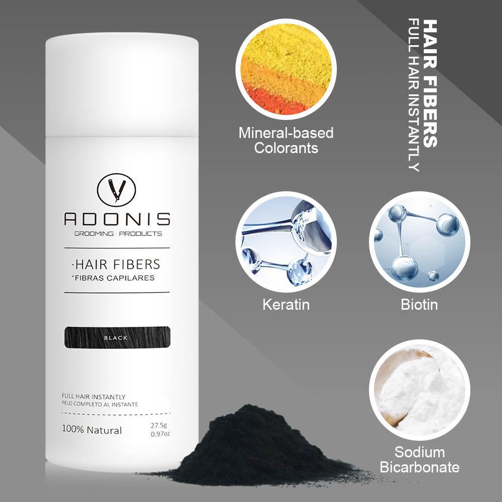 Adonis 5-in-1 Hair Fiber Kit | All-Natural Keratin Fibers, Spray & Applicator for Thinning Hair - Black