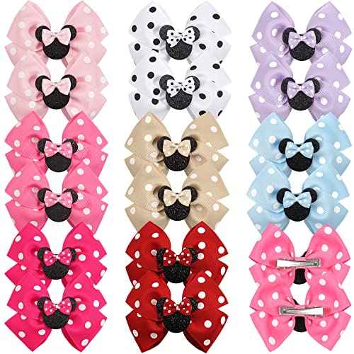 Qearl 16 Pcs Mouse Ears Bow Clips for Girls, Polka Dot Red Bows Theme Park Costume Party Decoration for Toddlers Girls in Pairs