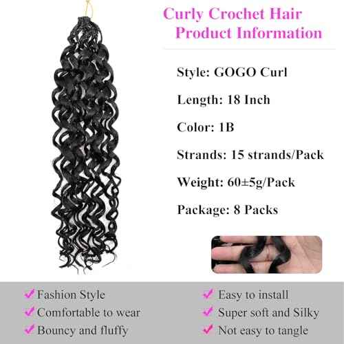 18 Inch Pre Looped Crochet Hair for Black Women - Gogo Curl/Beach Curl/Ocean/Water/Deep Wave Crochet Hair 8 Packs, Synthetic Hair Tangle-Free Natural Look Curly Hair Extensions (1B)