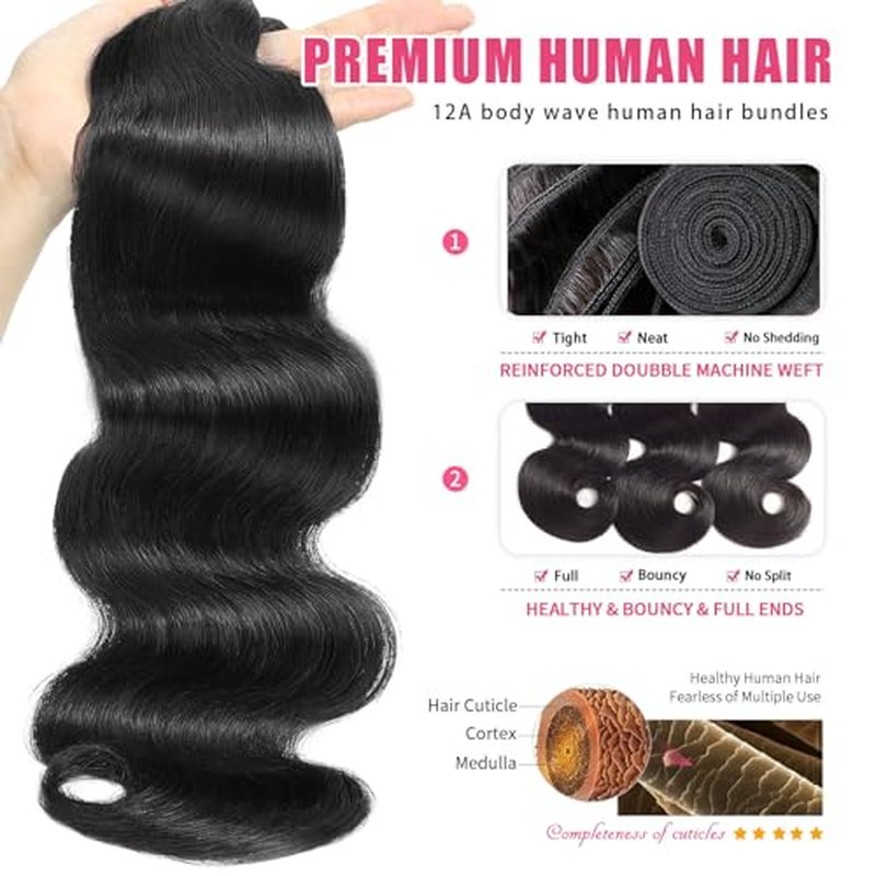 Body Wave Human Hair Bundles 20 20 20 Inch Body Wave Bundles Human Hair 100% Unprocessed 12A Brazilian Raw Virgin Hair Weft 3 Bundle Deal Real Human Hair Extensions Natural Color
