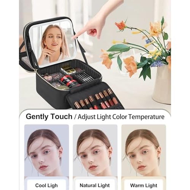 TANTO Travel Makeup Bag with LED Mirror Double Layer Makeup Case with Lighted Mirror Dual Layer Cosmetic Train Case Portable Artist Organizer Bag with Dividers and Rechargeable Vanity (Black, Small)