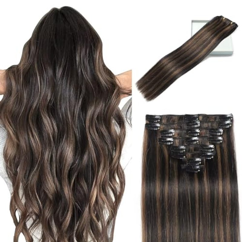 LORIEN Clip in Hair Extensions Real Human Hair, 22 Inch 110g, 1B/6 Natural Black to Chestnut Brown, Clip in 100% Brazilian Remy Human Hair Extensions 8pcs Per Set with 18 Clips Double Weft