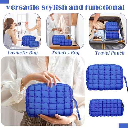 Meanplan 2 Pcs Puffy Quilted Makeup Bag Puffer Cosmetic Bag Travel Solid Cute Organizer Checkered Makeup Pouch for Women