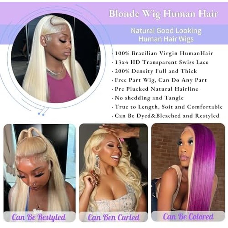 SIYUSI 28Inch 613 Lace Front Wig Human Hair,13x4 HD Transparent Lace, 200% Density Straight Brazilian Blonde Wig, Pre-Plucked with Baby Hair
