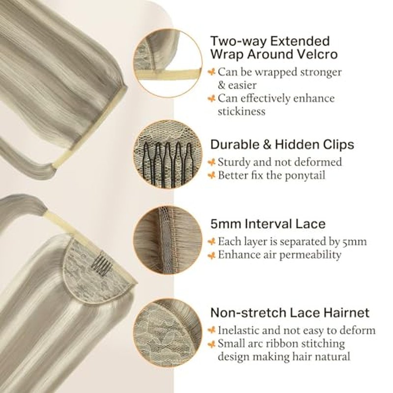 DOORES Human Hair Ponytail Extension Clip in Hair Extensions Balayage Ash Blonde Highlighted Platinum Blonde 20 Inch 90g Real Hair Extensions Wrap Around Ponytail Long Straight Ponytail Hairpiece