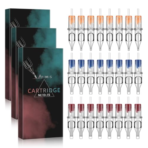 ATOMUS 50pcs Tattoo Cartridge Needles Size #10 RS RM M1 Purple Round Liner Tattoo Needles for Tattoo Gun Pen (5RS+7RS+9RS+7M1+9M1+11M1+7RM+9RM+11RM+15RM)