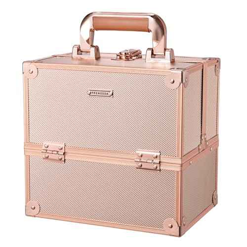 FRENESSA Makeup Train Case Makeup Case Travel Cosmetic Box Organizer Portable Make Up Box with Dividers Lockable for Artist Nail Sewing Vanity Storage Makeup Travel Case Rose Gold