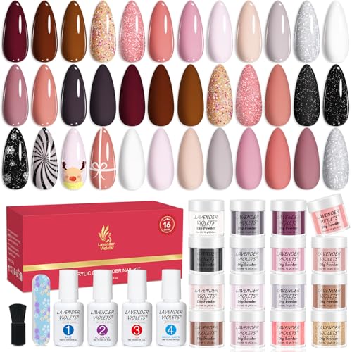 Lavender Violets 22 Pcs Dip Powder Nail Kit Starter - 16 Colors Nude Pinkish Brown Skin Tone with Base Top Coat, Activator, Brush Saver, Nail Buffer and Powder Brush M960B