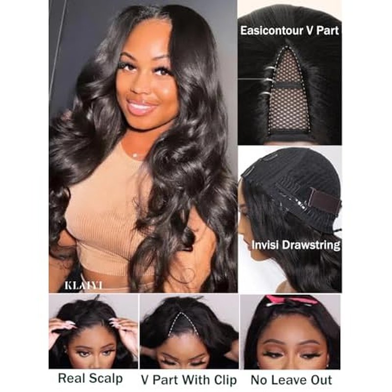KLAIYI EasiContour V Part Wig Human Hair Body Wave Glueless Upgrade U Part Wig No Leave Out No Gel Clip in Half Wig V Shape Pull and Go Beginner Friendly Ready to Wear Natural Black Color 150% 18Inch
