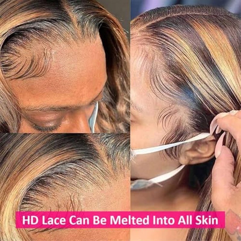 Honey Blonde Ombre Lace Front Wig Human Hair Body Wave 200% Density Highlight 13x4 Lace Front Wigs Human Hair Pre Plucked P4/27 HD Lace Frontal Wig Human Hair for Women (24 inch)