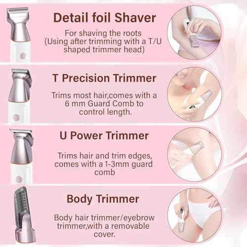 Bikini Trimmer for Women and Men,5-in-1 Wet/Dry Body Hair Trimmer,Gentle Hair Removal Shaver for Full Body Groomer,Electric Razor Shaver with USB Charge Dock-No Nick, No Cut, No Razor Burn,Pink