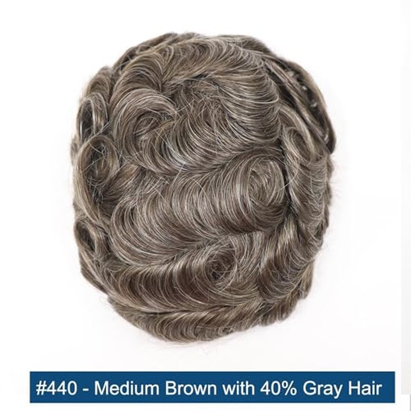 HAPPY&CC Toupee for Man Thin Skin PU Men's Hairpiece European Virgin Human Hair Replacement System Pieces Male Hair Prosthesis Unit for Men #4 Medium Brown with 40% Synthetic Gray 10x8inch